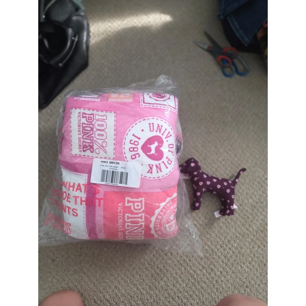 Victoria's Secret PINK Throw Blanket and mystery dog